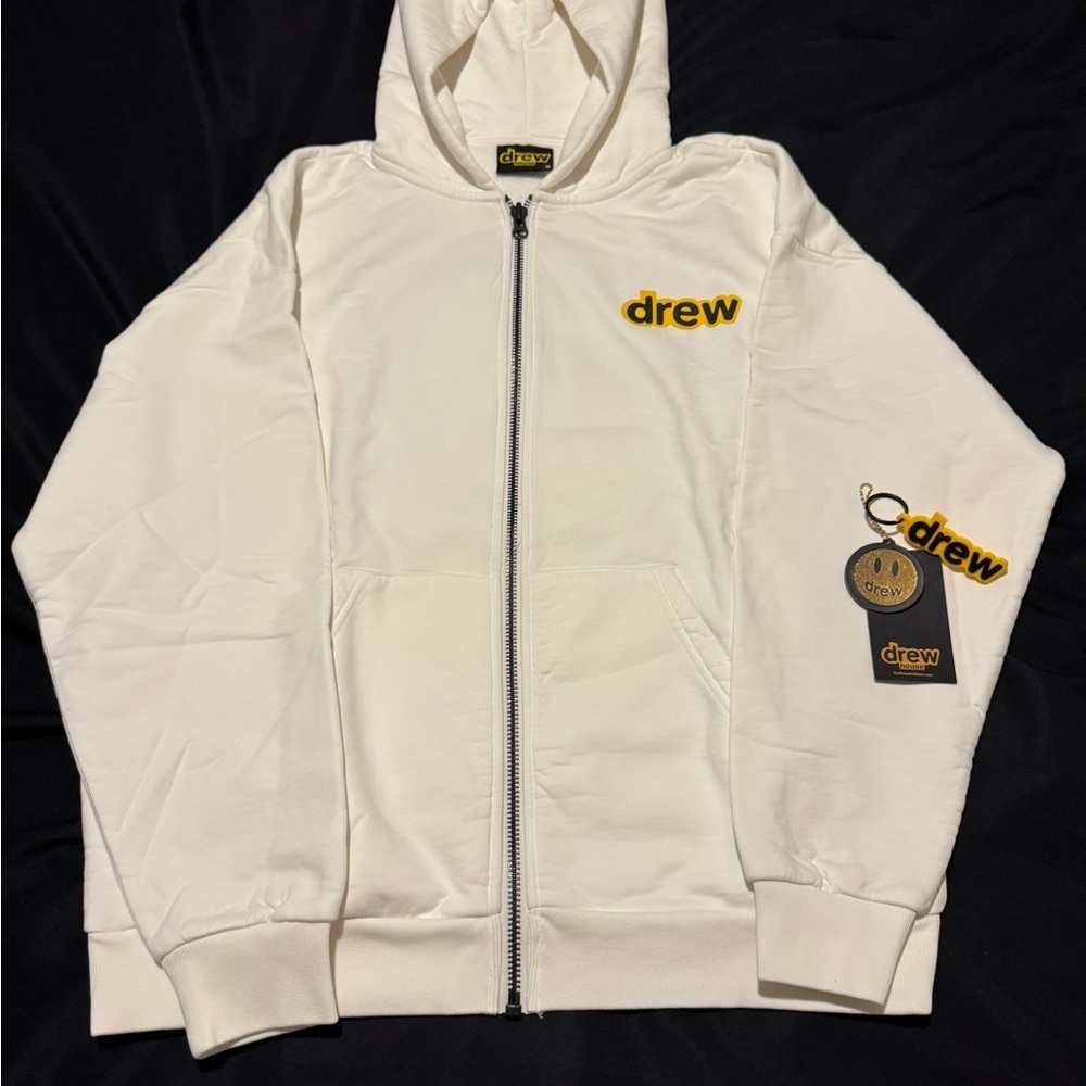 Drew White Zip-Up Hoodie with Yellow Logo